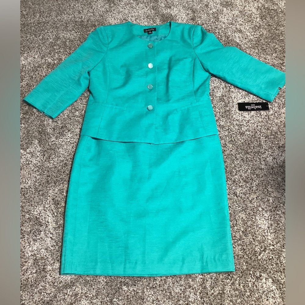 Isabella Women Suit Size 12 Green Button Church Office Skirt Suit